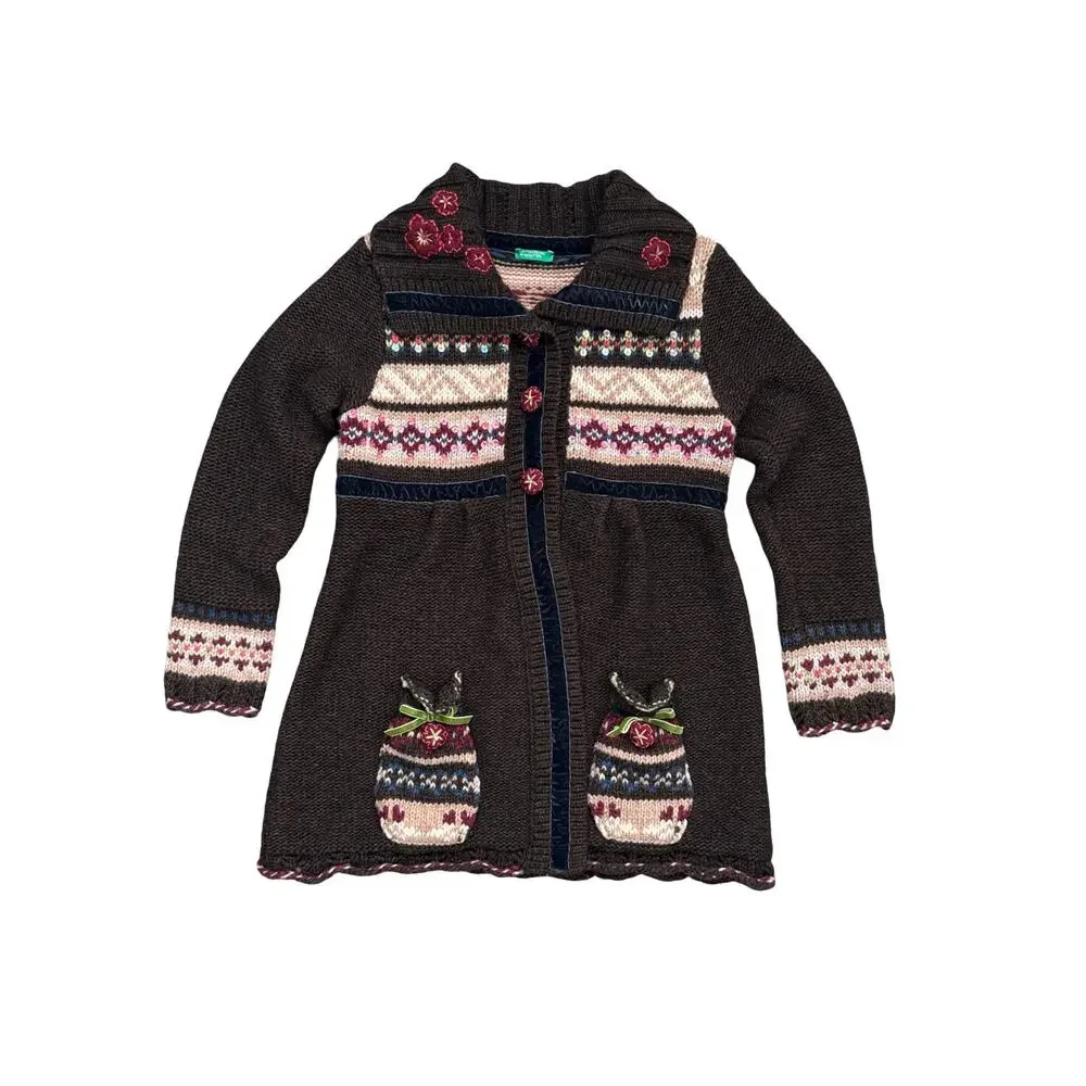 United Colors of Benetton Girls Brown Knit‎ Cardigan Velvet Trim Sequin Size 7/8